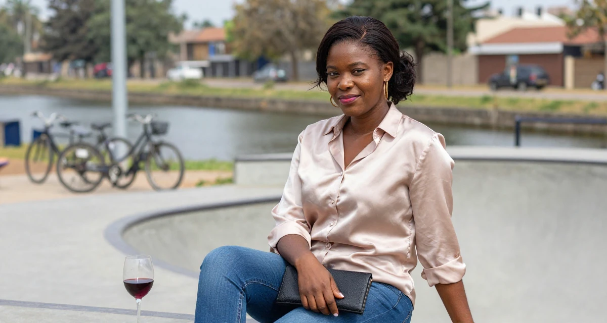 A gently amused Female From Abuja Nigeria, studied public administration in their 49, celebrating a life of resilience and grit, wearing a soft silk blouse and jeans, clutching a clutch bag in a skate park.