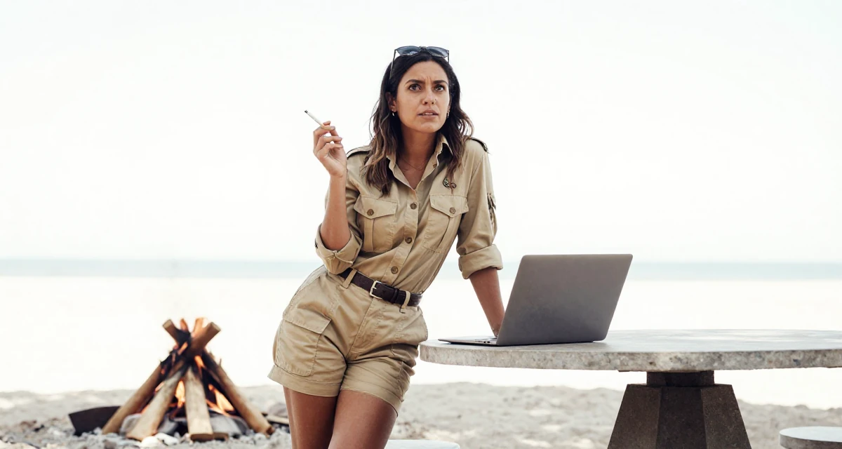 A curious Female From Bolivia, studied graphic design at a technical school in their 30, weighing long-term health against constant digital hustle, wearing a safari explorer outfit with khaki shorts, holding a cigarette (lit or unlit) in a campfire circle.
