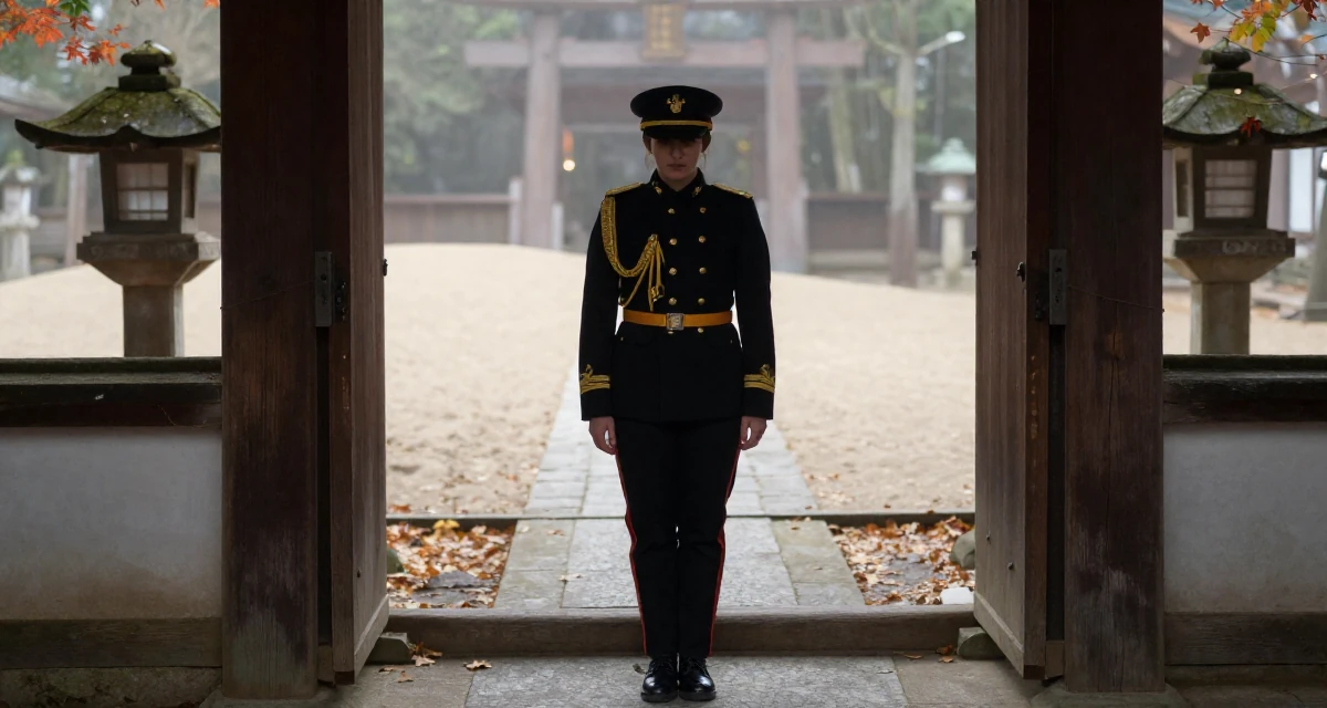 A vulnerable Female From Madrid Spain, studied journalism in their 25, experimenting with playful photos that boost confidence, wearing a military general uniform with gold braiding and a hat, leaning against a door in a Japanese Shinto shrine.