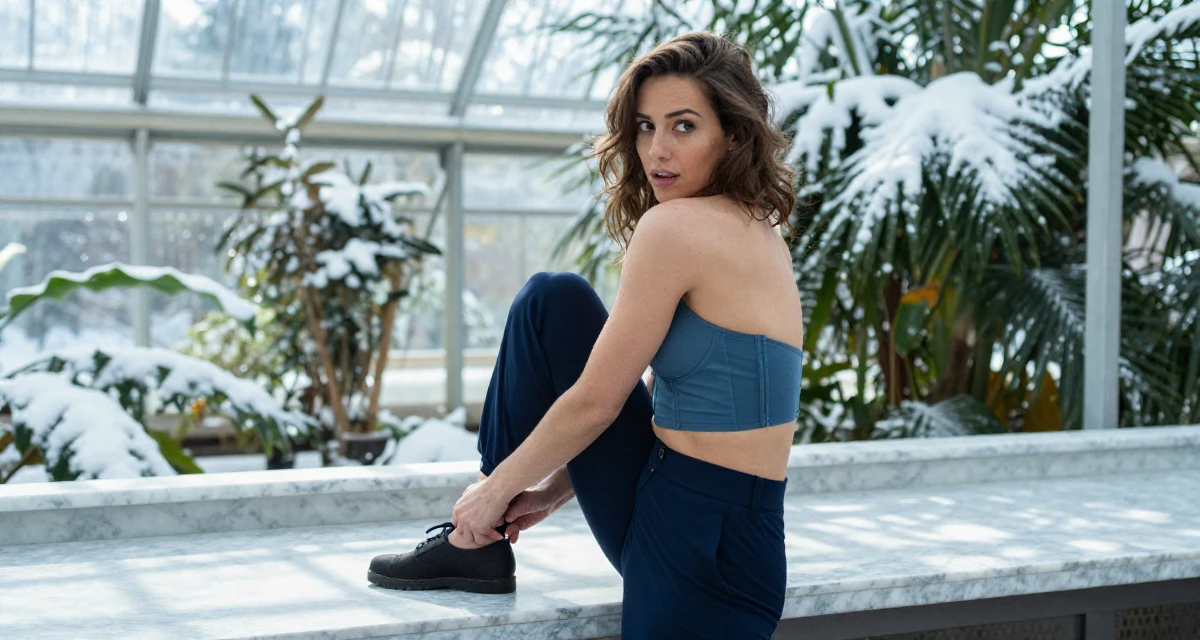 A inspired Female From Belgium, based in Antwerp, graduated from a fashion school majoring in intimate costume styling in their 23, managing early burnout from overcommitment, wearing a cropped bustier top and high-waisted slacks, tying a shoelace in a botanical greenhouse.