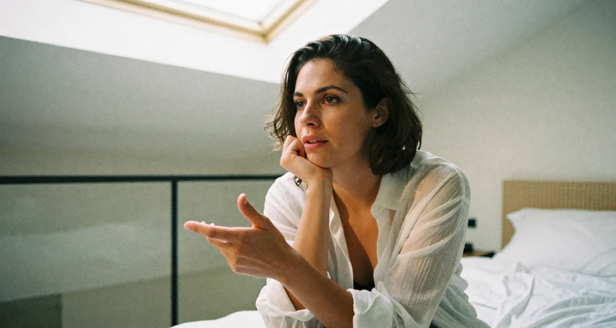 A contemplative Female From Sweden, studied sociology in their 30, radiating an aura of elegance and poise, wearing a translucent white blouse and a dark bra underneath, gesturing while talking in a minimalist bedroom.