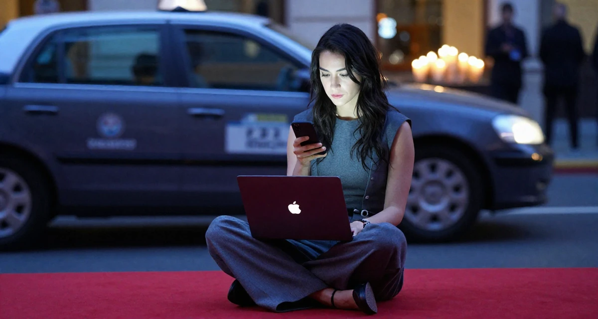 A lonely Female Previously a chemistry student, now shooting artistic self-portrait content in their 28, projecting an image of effortless success, wearing a fitted waist coat and wide leg trousers, waiting for a taxi in a red carpet event.