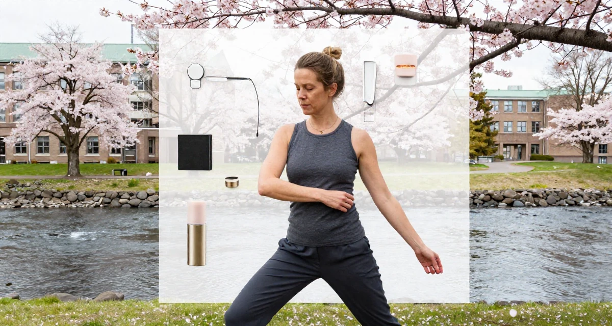 A nostalgic Female Raised in Iceland, majored in creative digital strategy in their 45, focusing on mental clarity and meditation, wearing a fitted vest top worn without a shirt underneath and slacks, adjusting sleeves in a university campus.