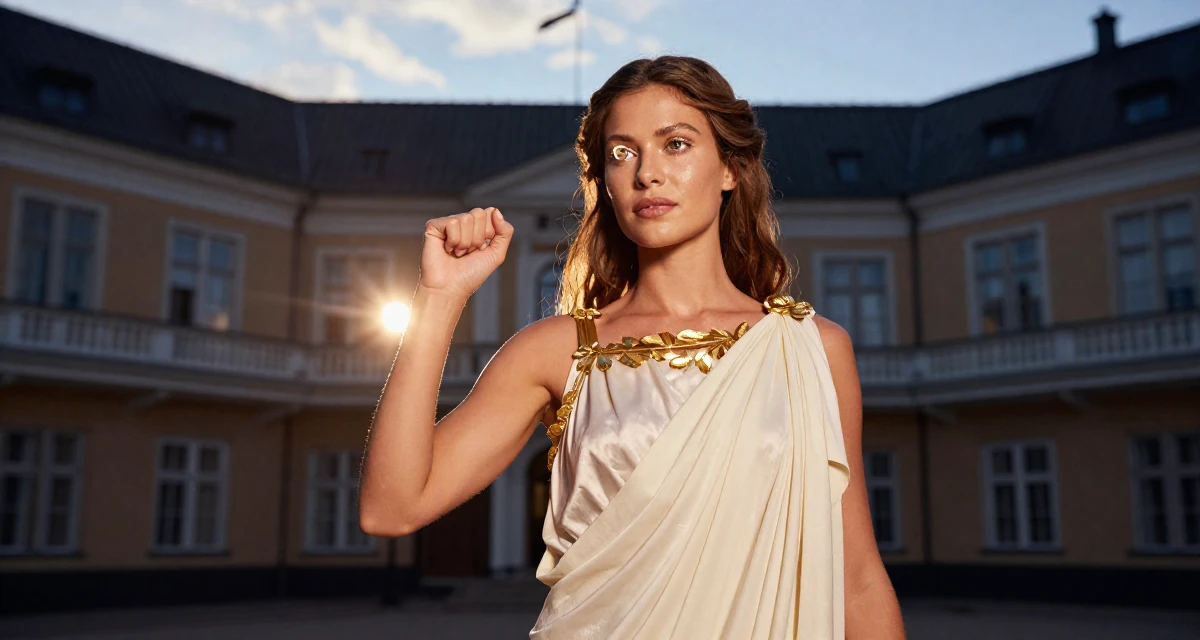 A calm and confident Female From Copenhagen Denmark, studied influencer branding and content campaigns in their 25, handling pressure from family expectations, wearing a greek goddess toga with gold leaf accessories, cracking knuckles in a concert hall.