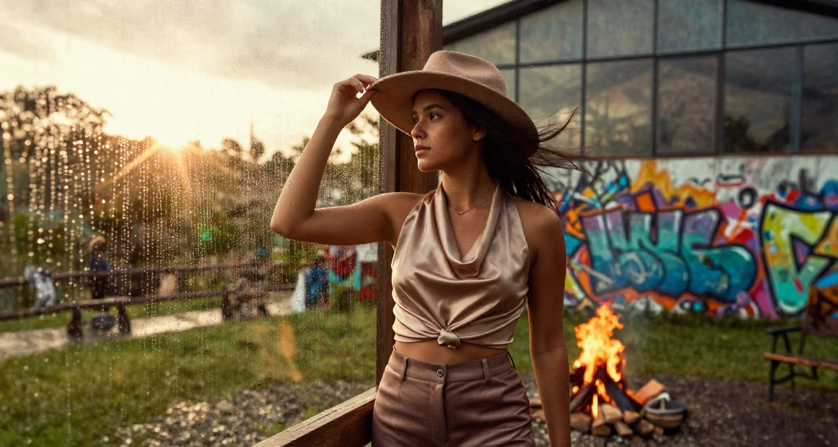 A pensive Female From Costa Rica, studied environmental engineering in their 23, staring pensively out a rain-streaked window, wearing a satin cowl neck top and tailored shorts, holding a hat against the wind in a campfire circle.