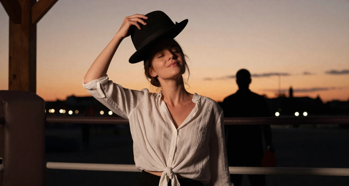 A blissful Female From Stockholm Sweden, holds a degree in product design in their 31, finding joy in small daily rituals, wearing a lightweight chiffon blouse slightly unbuttoned, holding a hat in a boxing ring.