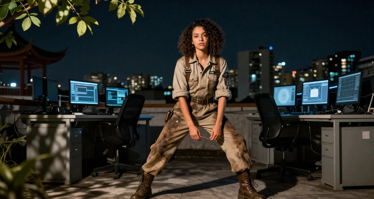 A ambitious Female From Brazil, studied architecture and urban planning in their 25, transitioning from teenage habits to adult routines, wearing a steampunk mechanic jumpsuit with grease stains, pulling up a sock in a cybernetic computer lab.