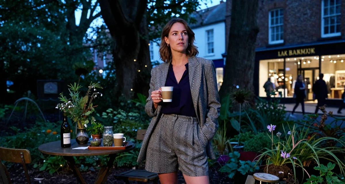 A thoughtful Female From UK, has a background in history and archaeology in their 42, expert in holistic health and herbalism, wearing a structured blazer with shorts, holding a cup of coffee in a magical forest clearing.