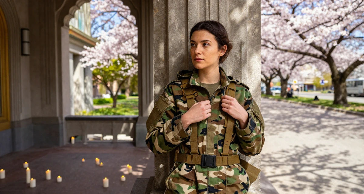A longing Female Once a history major, now creating vintage-inspired storytelling in their 25, optimizing scenes for mood, not explicitness, wearing a commando outfit with camouflage paint and tactical harness, zipping up a hoodie in a cherry blossom park.
