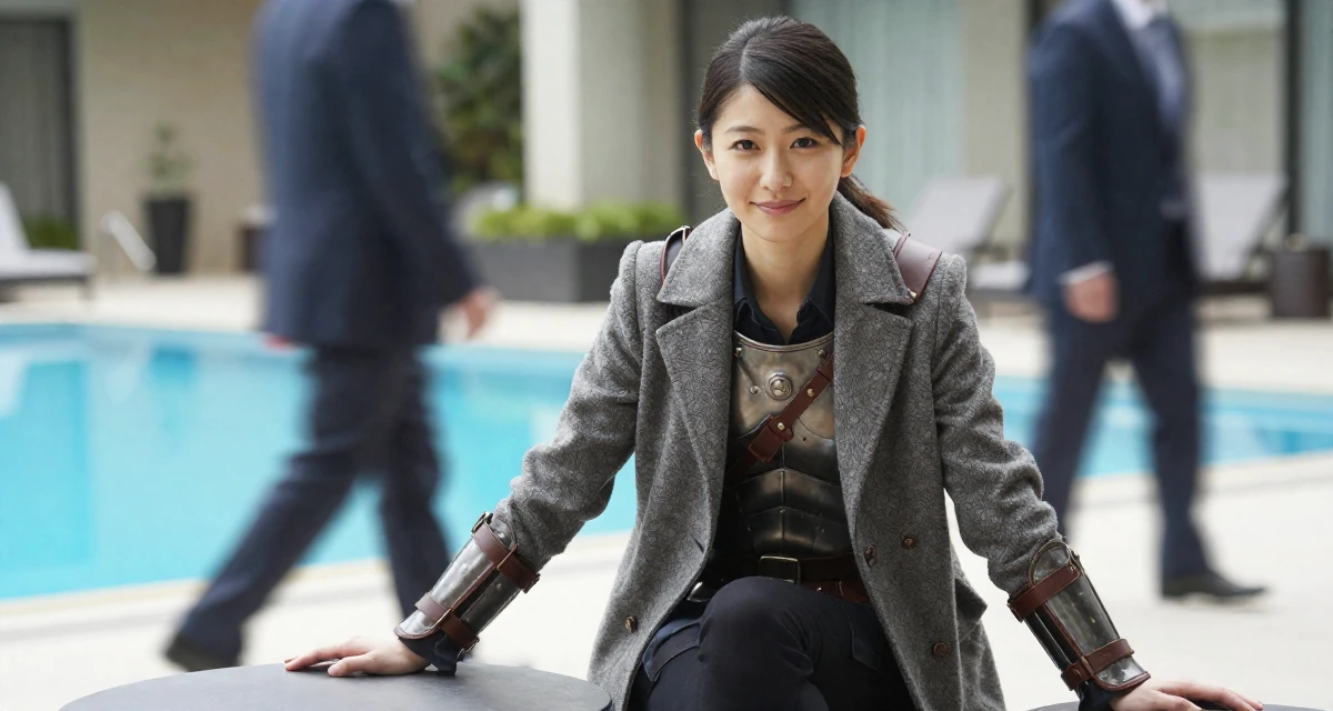 A friendly Female From Japan, majored in interactive media in their 25, wearing a tailored coat and looking sharp, wearing a gladiator armor with leather straps and a metal breastplate, resting hands on a table in a photo studio.