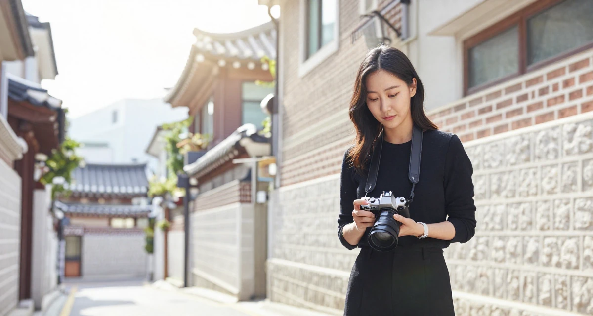 A deeply absorbed Female From Seoul South Korea, studied K-style beauty and content editing in their 25, building a consistent weekly posting schedule, wearing a monochromatic black outfit, holding a camera in a historic downtown.