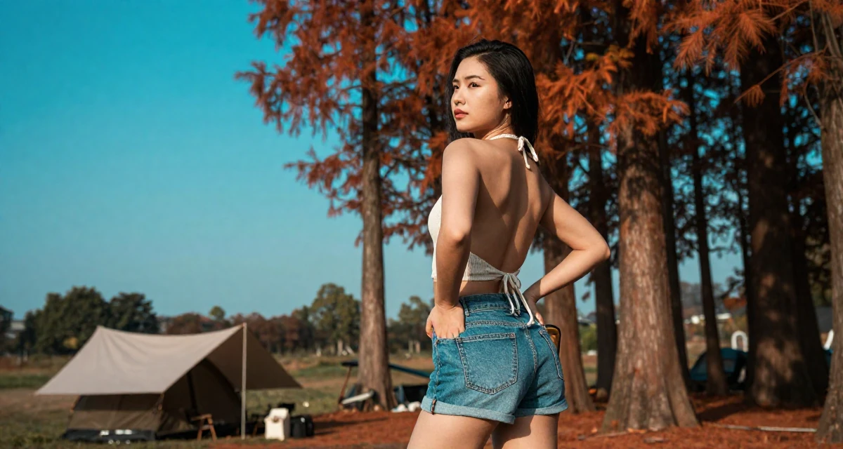 A quietly confident Female From Chengdu China, majored in fashion design in their 24, observing peers’ progress and feeling comparison pressure, wearing a backless halter top and denim shorts, zipping up a bag in a camping site.