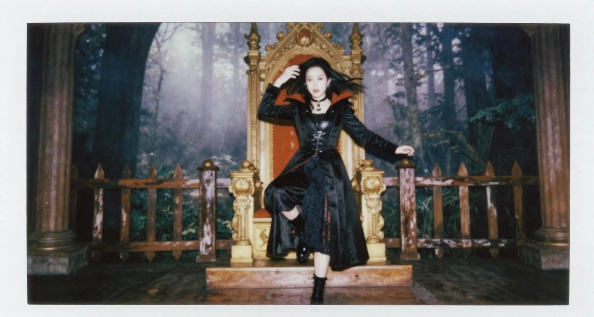 A fearless Female From China, majored in journalism in their 20, full of naive optimism and energy, wearing a gothic vampire hunter outfit with a long coat, running fingers through hair in a royal palace throne room.