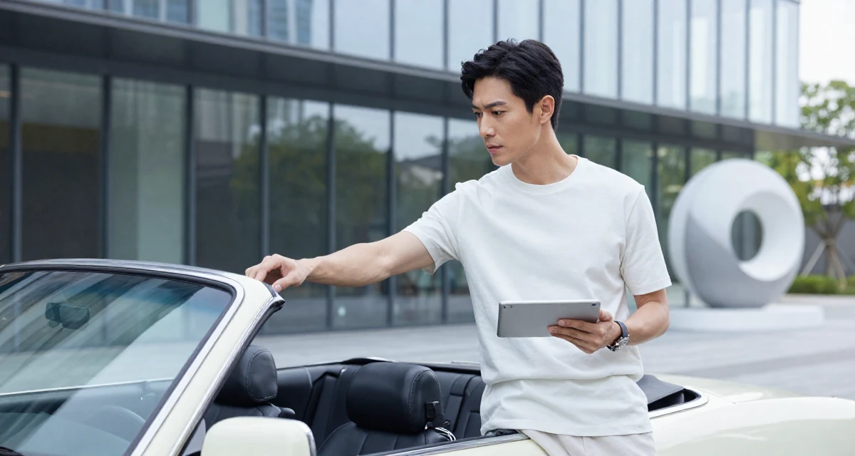 A intense male From Suzhou China, grew up in a family tailoring business, learning costume craft in their 24, curating a specific high-end lifestyle, wearing a minimalist everyday clothing, holding a tablet device in a vintage convertible car.