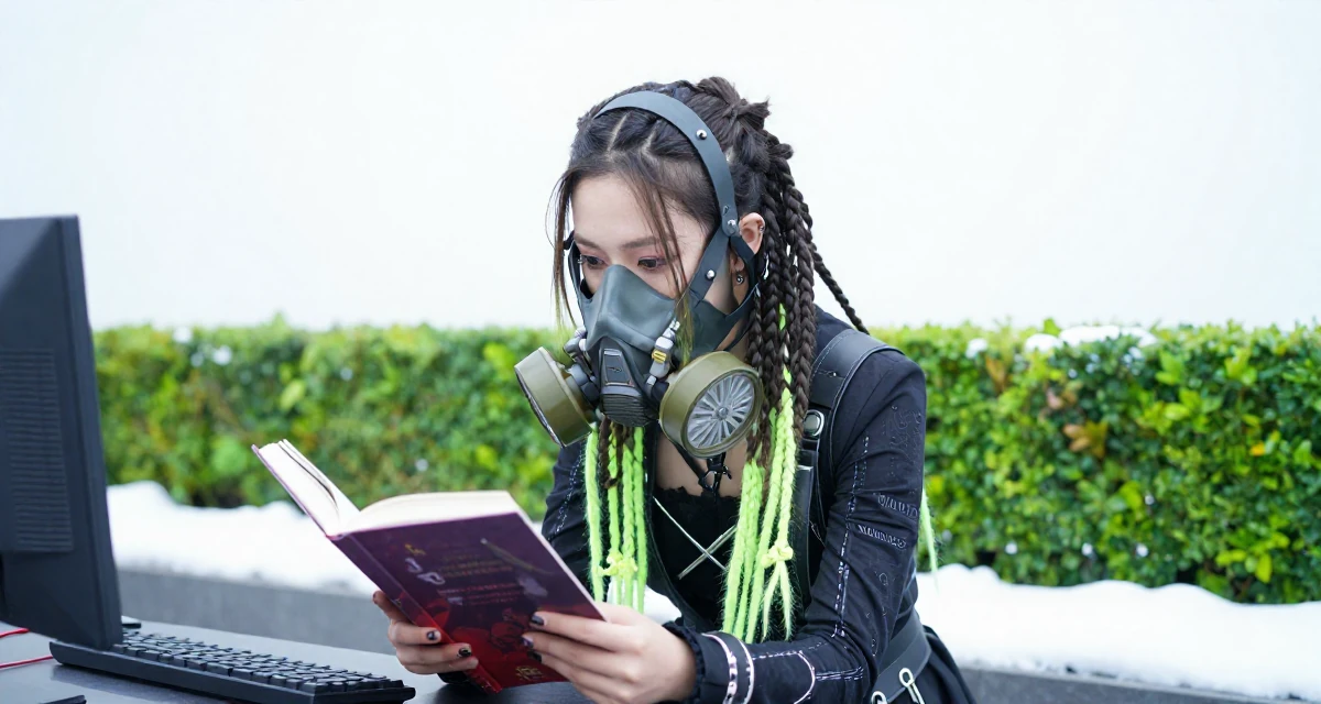A charming Female From Malaysia, based in Malacca, graduated from a creative college majoring in sensual composition design in their 23, taking first serious steps toward independence, wearing a cyber-goth outfit with gas mask and neon dreads, reading a book intently in a gaming room.