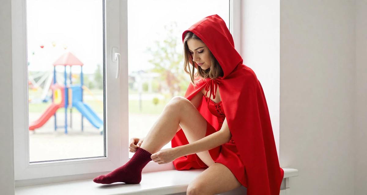 A sincere Female From Prague Czech Republic, majored in multimedia journalism in their 27, dealing with pressure to constantly upgrade quality, wearing a red riding hood inspired cape and corset dress, pulling up a sock in a school playground.