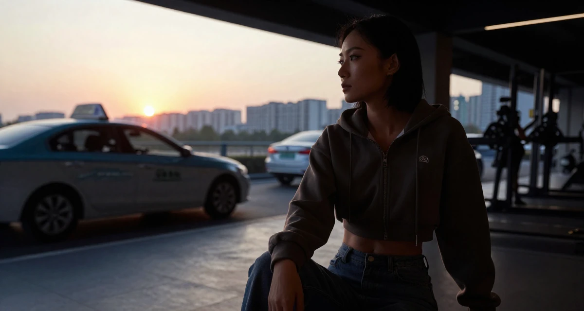 A absent-minded Female From Shenzhen China, studied makeup artistry while modeling part-time in their 48, reviewing luxury travel destinations, wearing a cropped hoodie showing midriff and low-rise jeans, waiting for a taxi in a gym interior.