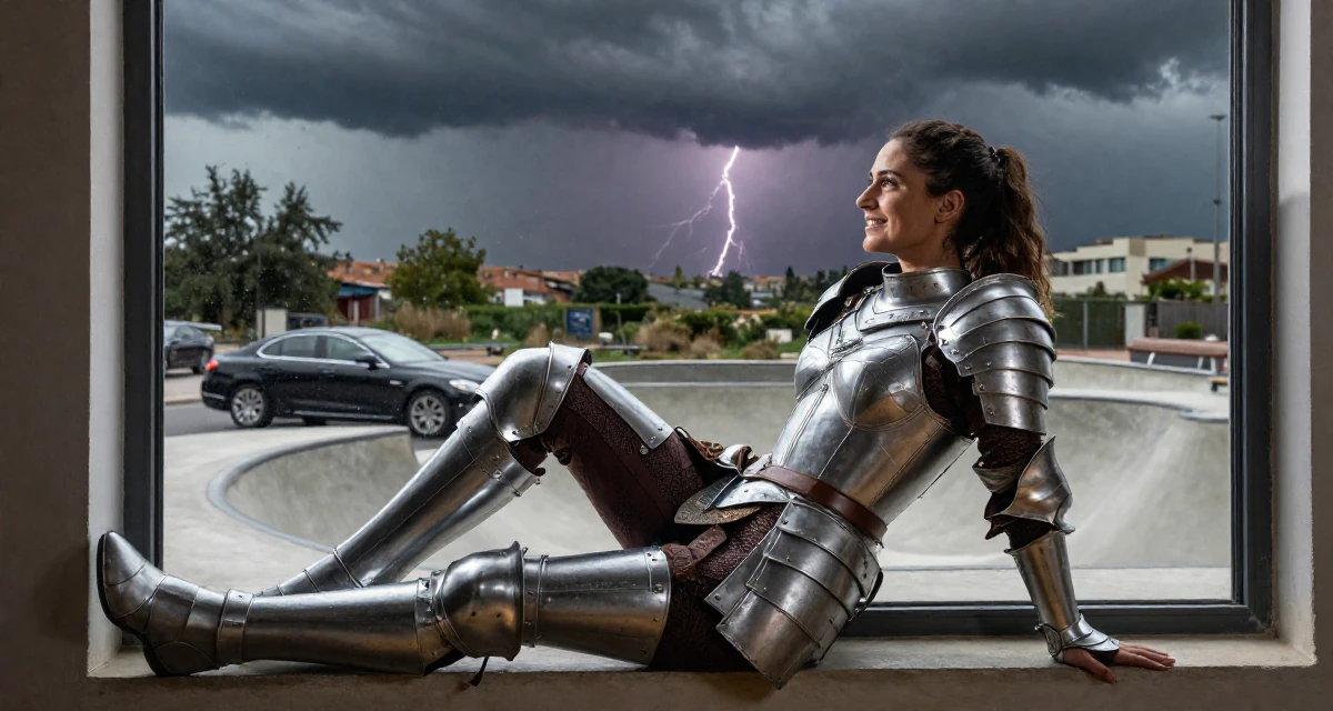 A satisfied Female From Lebanon, majored in digital journalism in their 38, documenting a home gym transformation, wearing a fantasy warrior princess armor made of silver metal, looking out the window in a skate park.
