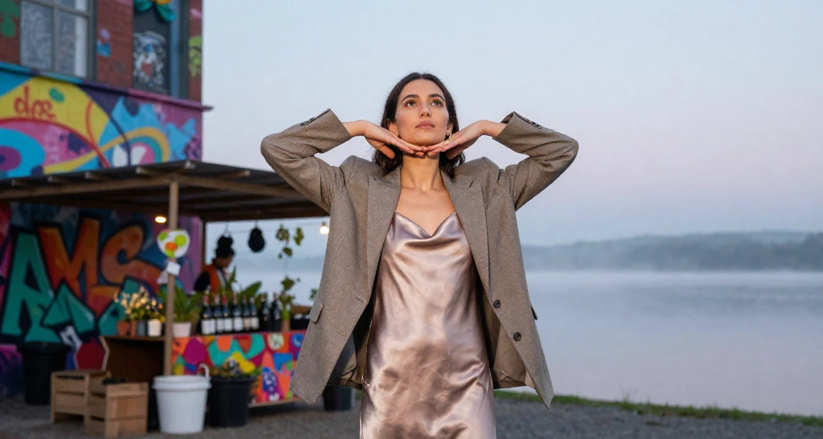 A calm Female From France, studied viticulture and oenology in their 31, sharing tips on modern urban gardening, wearing a satin slip skirt paired with a structured blazer, looking up at the sky in a fashion runway.