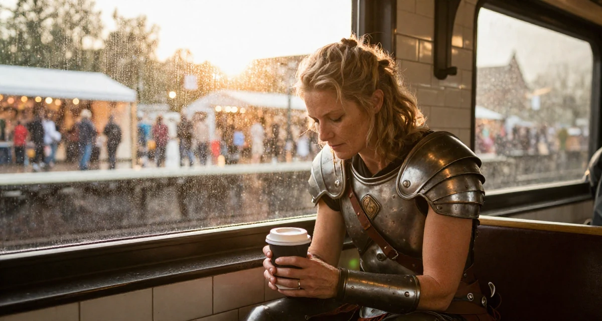 A zen-like Female From Netherlands, has a background in logistics in their 26, facing the fear of aging out before even “making it”, wearing a gladiator armor with leather straps and a metal breastplate, holding a coffee cup with both hands in a rainy window seat.