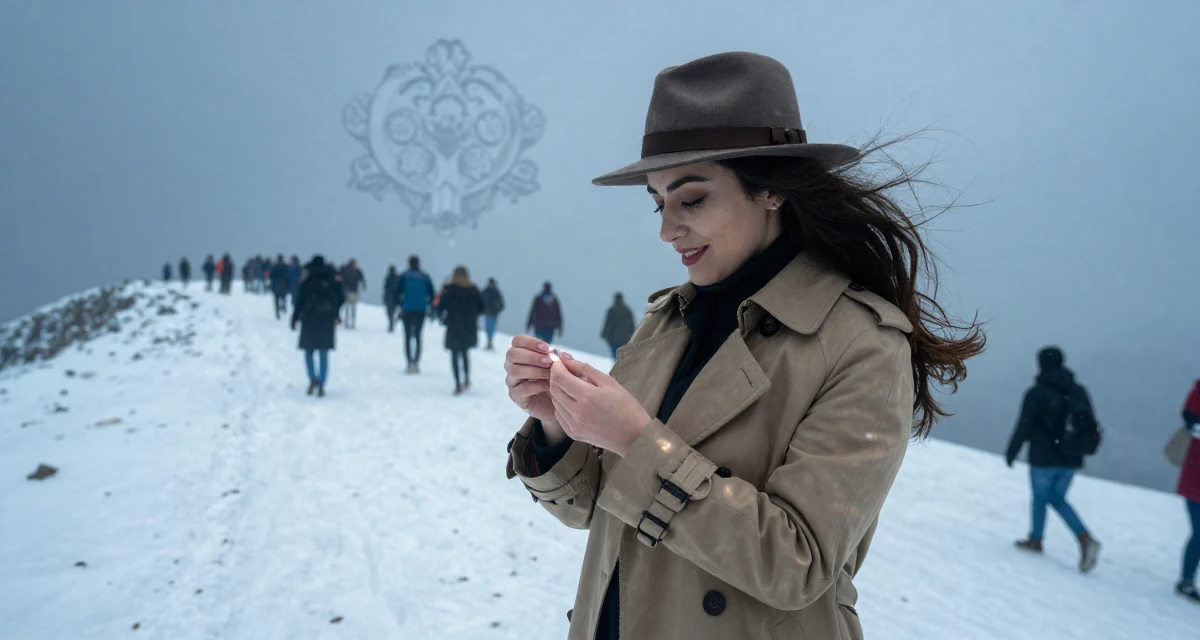 A radiant Female From Alexandria Egypt, majored in applied arts in their 22, adjusting to the exhaustion of a 9-to-5 routine, wearing a detective trench coat and fedora hat, inspecting fingernails in a snowy mountain peak.