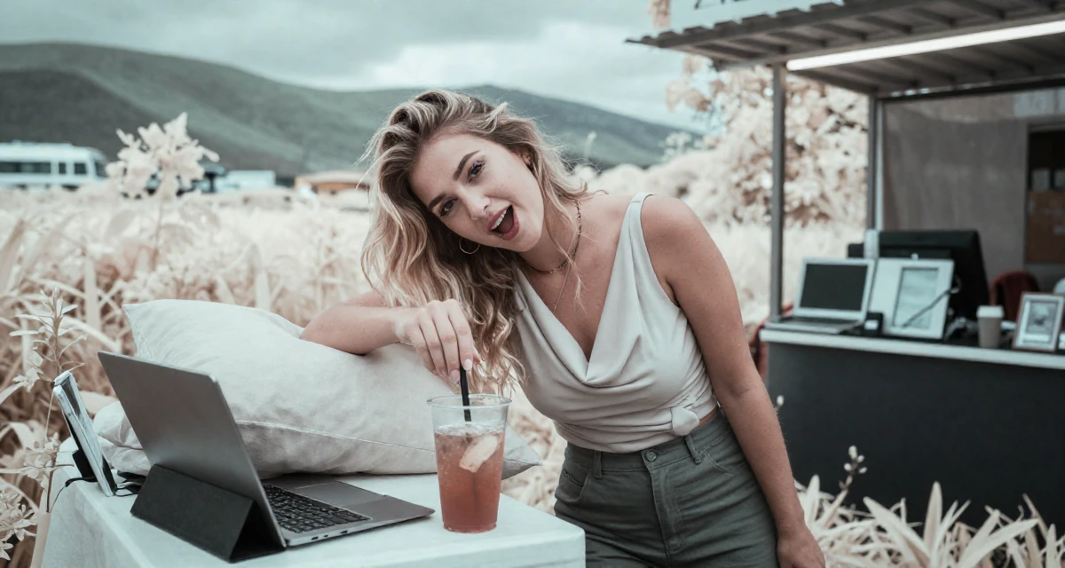 A playful and energetic Female Former phone-shop clerk, now combining tech and lifestyle content in their 22, learning to advocate for personal boundaries, wearing a draped neckline top and fitted slacks, stirring a drink in a night market stall.