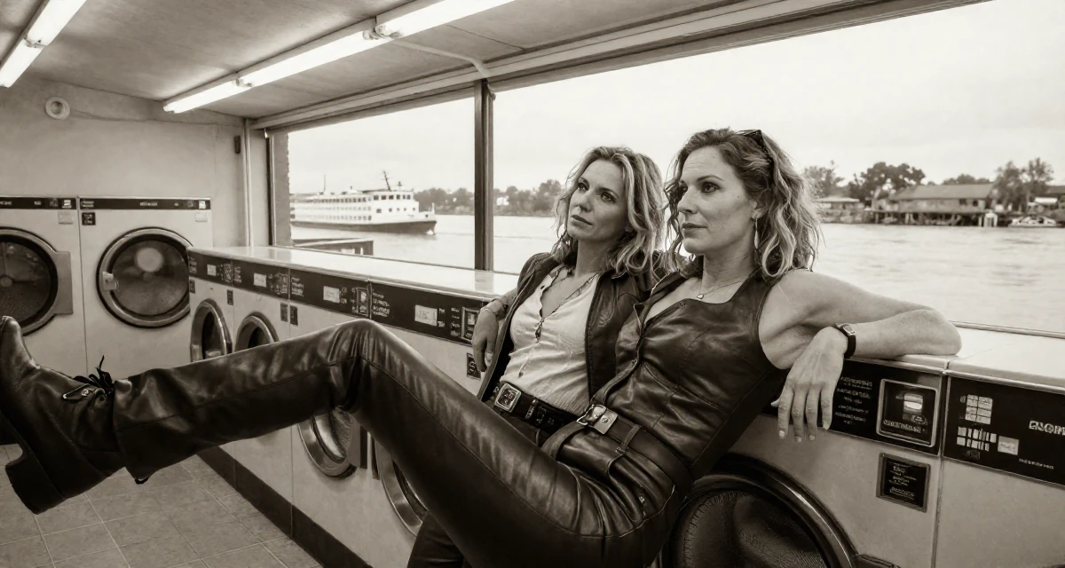 A relaxed Female From UK, studied anthropology in their 47, revitalizing a marriage after twenty years, wearing a sleek leather pants styling, posing for a selfie in a laundromat.