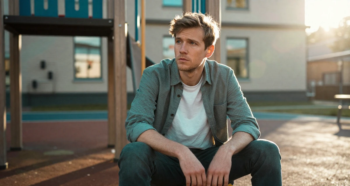 A suspicious male From Sweden, trained in interior architecture in their 32, recovering from burnout and prioritizing rest, wearing a modern casual lifestyle wear, glancing sideways in a school playground.