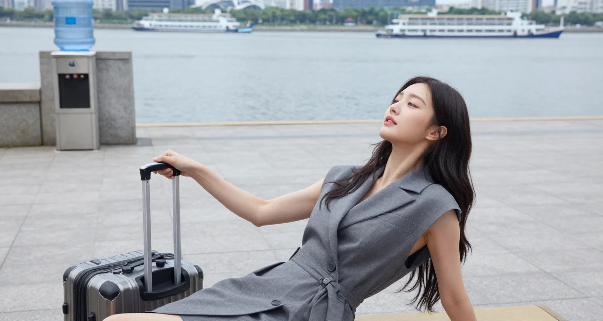 A dreamy Female From South Korea, trained in broadcasting and media in their 25, experimenting with color palettes that feel sensual, wearing a sleeveless blazer dress showing toned arms, pulling a suitcase in a pedestrian plaza.
