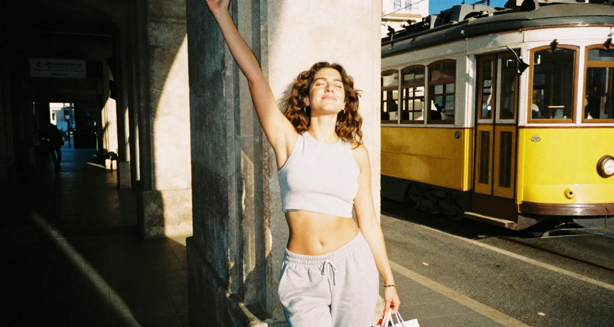 A triumphant Female From Spain, based in Valencia, graduated from a communication institute majoring in digital storytelling in their 23, comparing their career progress to peers online, wearing a cropped tank top and low-waisted sweatpants, holding a shopping bag in a dungeon cell.