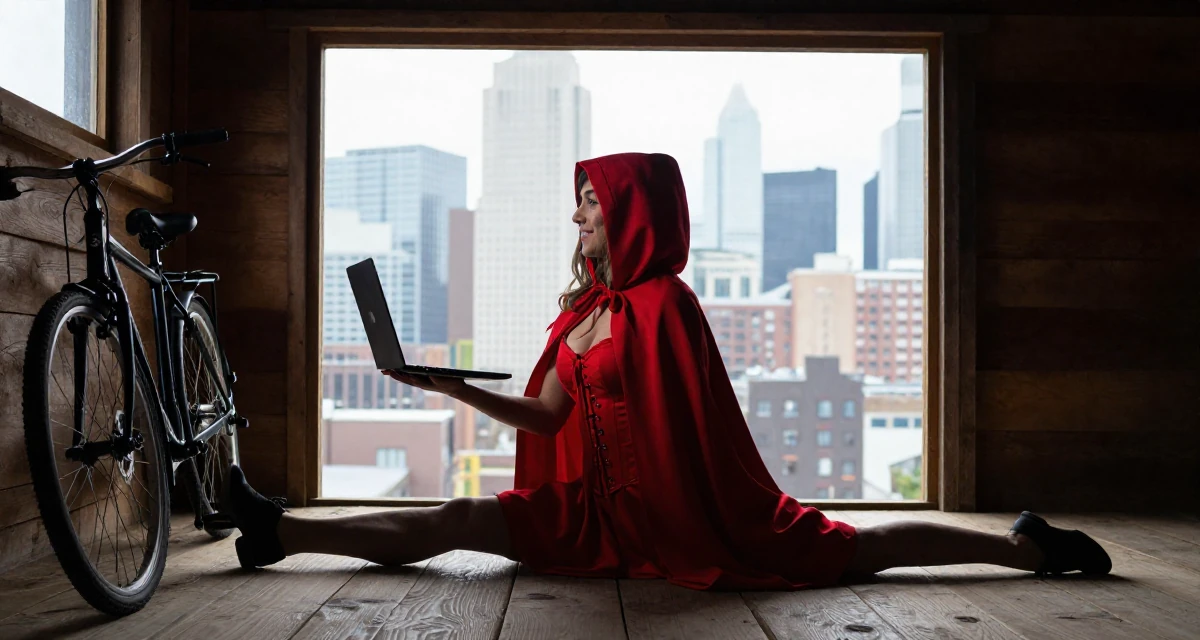 A optimistic Female From Birmingham United Kingdom, holds a degree in economics in their 37, trying to stabilize income, wearing a red riding hood inspired cape and corset dress, holding a laptop in a rustic wooden cabin interior.