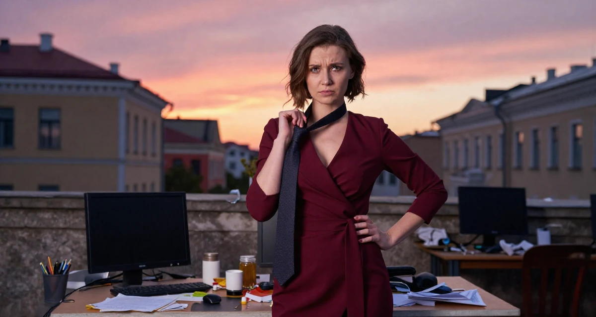 A troubled Female From Russia, studied computer science at a technical university in their 37, embracing the chaos of family life with humor, wearing a elegant wrap dress in deep burgundy, playing with a tie in a historic downtown.