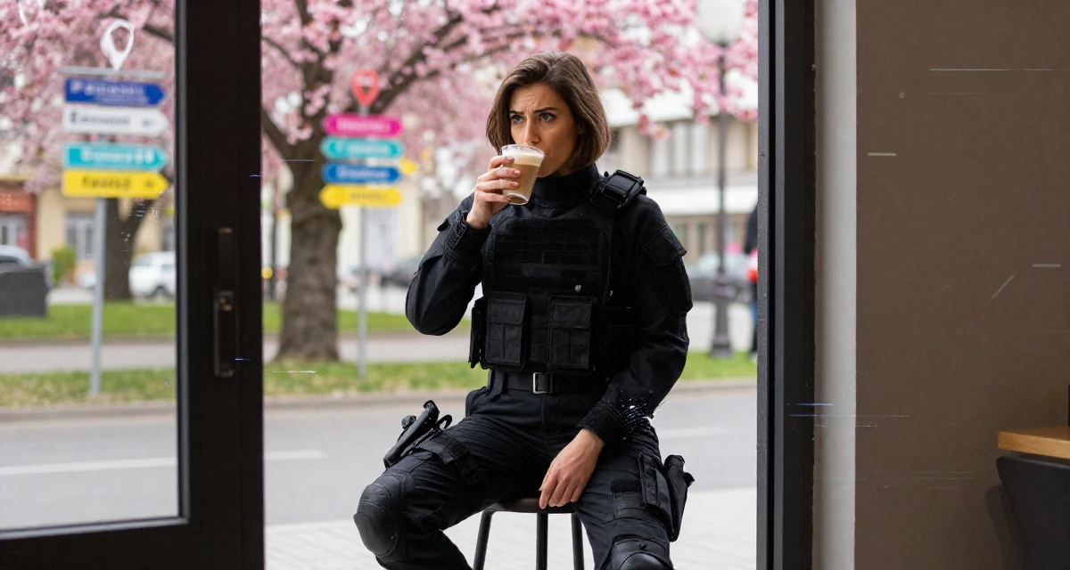 A awestruck Female From Budapest Hungary, explored sensual character-based content in their 23, investing more time in self-marketing, wearing a special forces tactical suit in matte black, sipping a latte in a cherry blossom park.