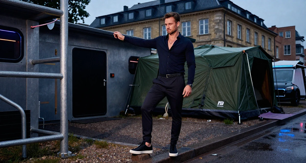 A pensive male From Aarhus Denmark, trained in fitness coaching and body alignment in their 40, embracing natural beauty and self-acceptance, wearing a elegant evening casual wear, stepping onto a curb in a camping site.