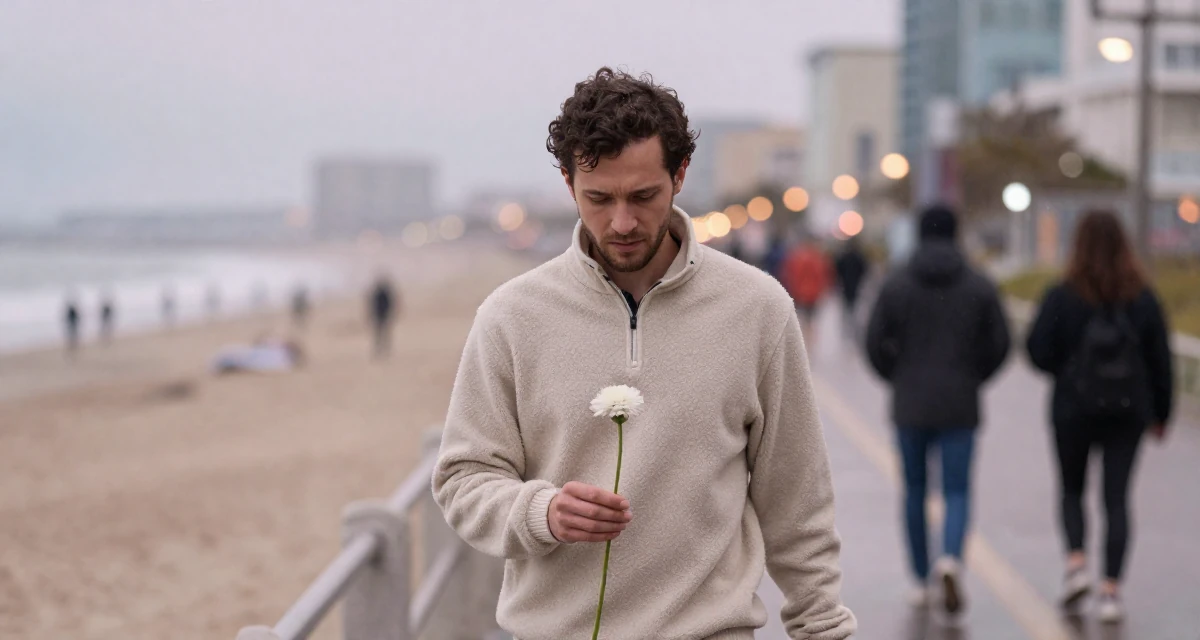 A vulnerable male Former graphic design student, now using visuals for intimate storytelling in their 37, trying to stabilize income streams, wearing a cozy fleece pullover, holding a single flower in a beach promenade.