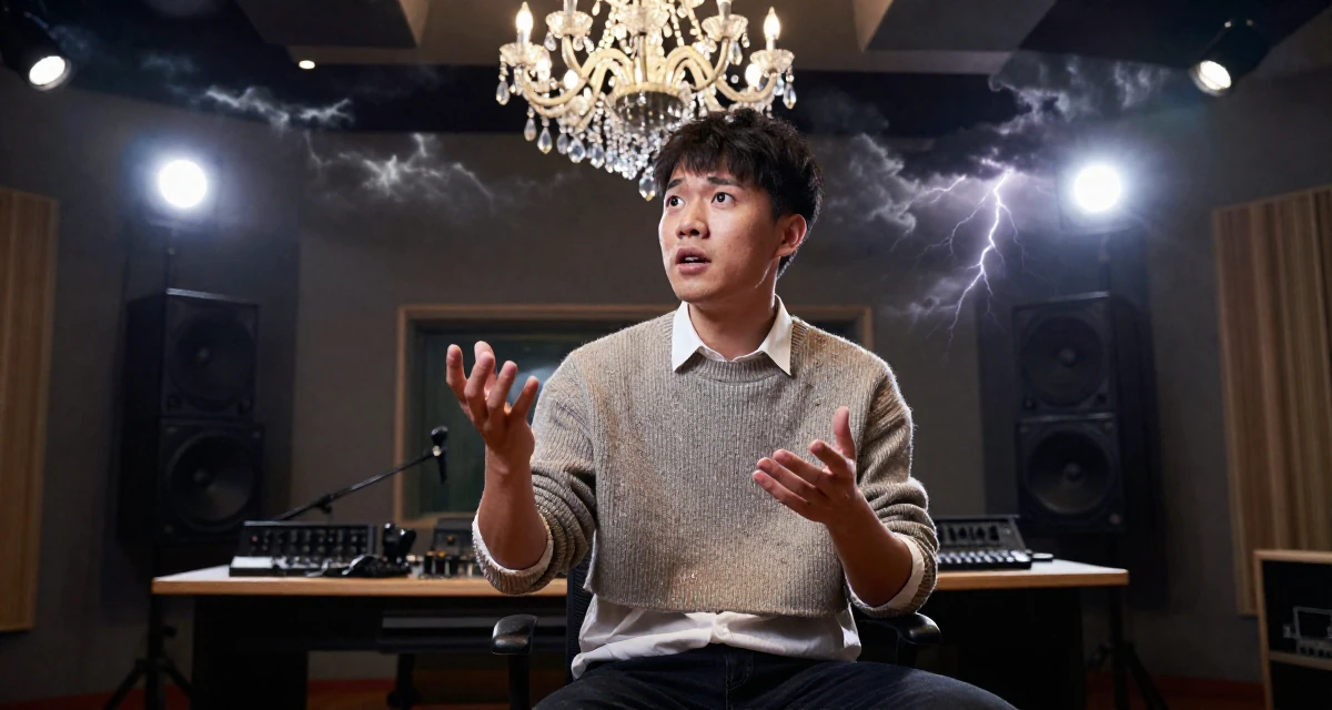 A spirited male From Chinese-speaking regions, studied mechanical design in their 22, facing uncertainty about future stability, wearing a cropped sweater over a collared shirt, gesturing while talking in a music recording studio.