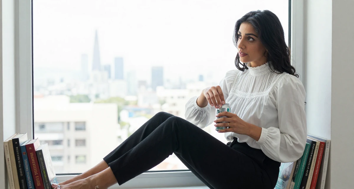 A yearning Female From Arabic-speaking world, majored in geology in their 36, sharing the ups and downs of entrepreneurship, wearing a high-neck victorian style blouse and black slacks, opening a soda can in a cozy reading nook by a window.
