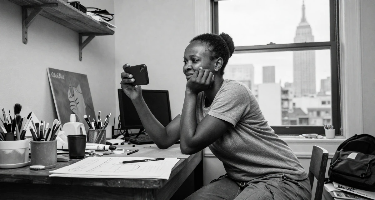 A victorious Female Born in Kenya, majored in mathematics education in their 47, sharing tips on managing a multigenerational home, wearing a comfortable travel outfit, snapping a photo with a phone in a messy artist studio.