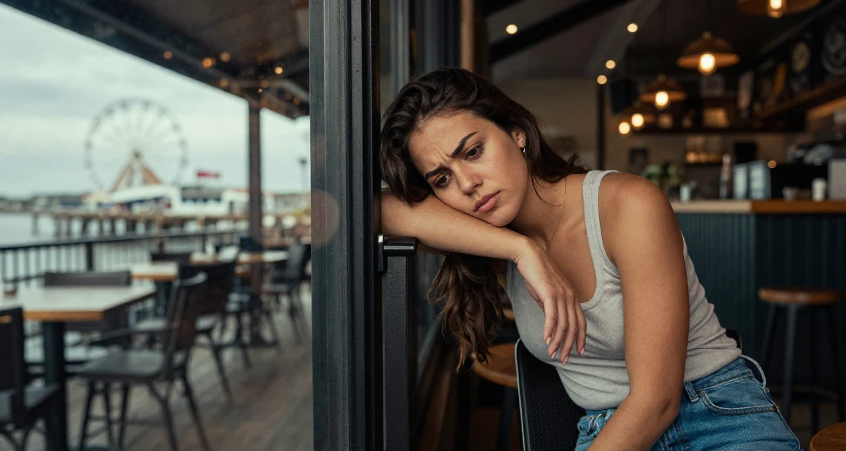 A stressed Female Born in South Africa, studied political communication in their 24, exploring side hustles to supplement income, wearing a simple tank top and jeans, leaning against a door in a winding staircase.