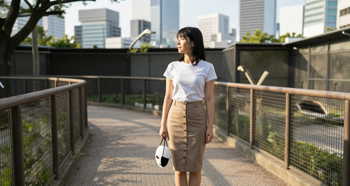 A placid Female From Japan, majored in psychology in their 32, exploring sustainable fashion and ethical living, wearing a fitted midi skirt with buttons down the front, holding a mask (cosplay/prop) in a zoo enclosure path.