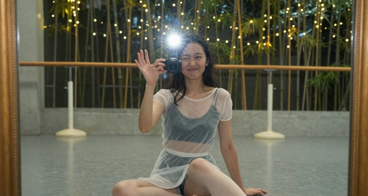 A bashful Female Previously a construction worker, now documenting strength-expressive lifestyle in their 25, thinking about quitting but too deep to walk away, wearing a semi-transparent beach cover-up dress, waving to someone in a ballet studio.