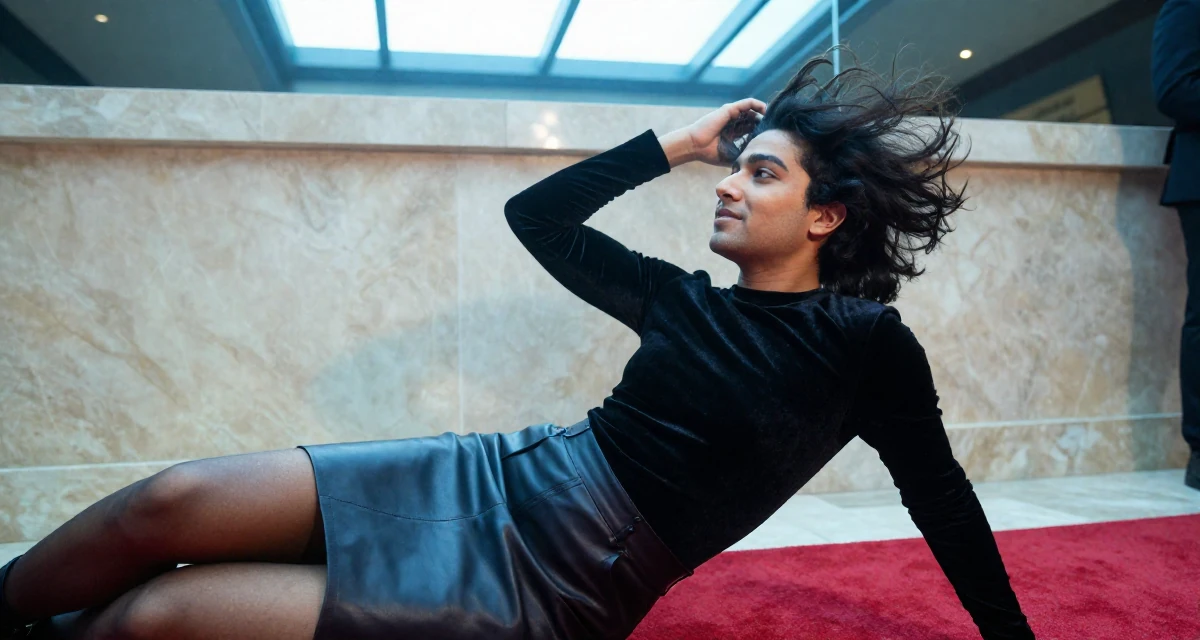 A sincere male From UAE, studied business administration in their 27, experimenting with new content formats, wearing a fitted velvet top and a leather skirt, running fingers through hair in a red carpet event.