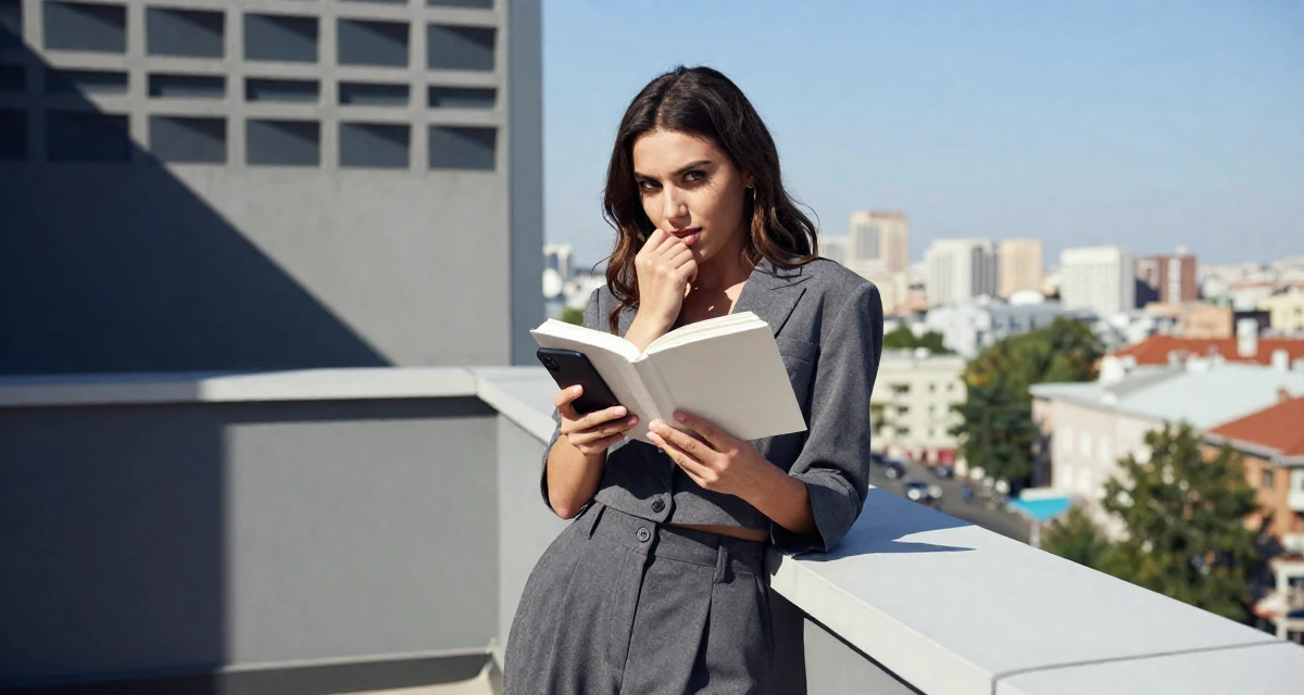 A witty Female From Turkmenistan, studied industrial technology in their 22, biting a lip while checking a phone, wearing a cropped blazer and high-waisted trousers set, reading a book intently in a rooftop terrace.