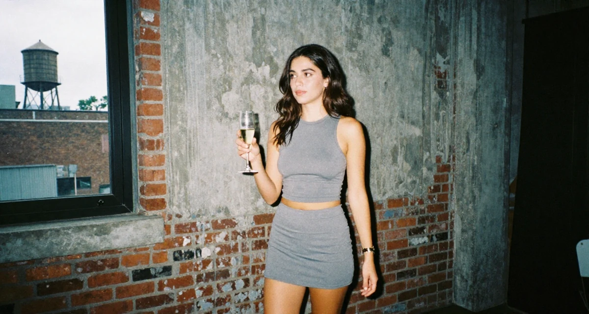 A quiet Female Previously a hairstylist, now showcasing transformation-driven content in their 22, joining creator communities for tips and support, wearing a fitted crop top and a mini tennis skirt, holding a champagne glass in a loft apartment with brick walls.