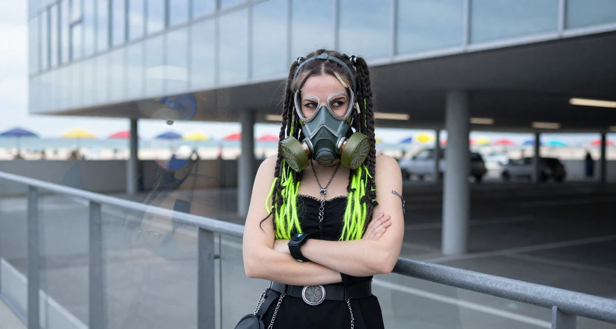 A cheeky Female From Denmark, based in Odense, graduated from a creative program majoring in soft-seductive branding in their 23, shifting from spontaneous posting to planned batches, wearing a cyber-goth outfit with gas mask and neon dreads, grabbing a railing for support in a underground parking garage.