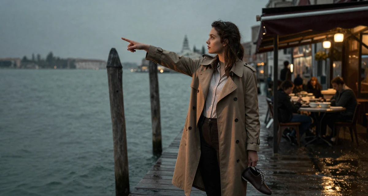 A soulful Female From Florence Italy, majored in sculpture arts in their 22, trying to grow without losing privacy or sanity, wearing a stylish trench coat over basics, dangling a shoe from one foot in a lakeside dock.