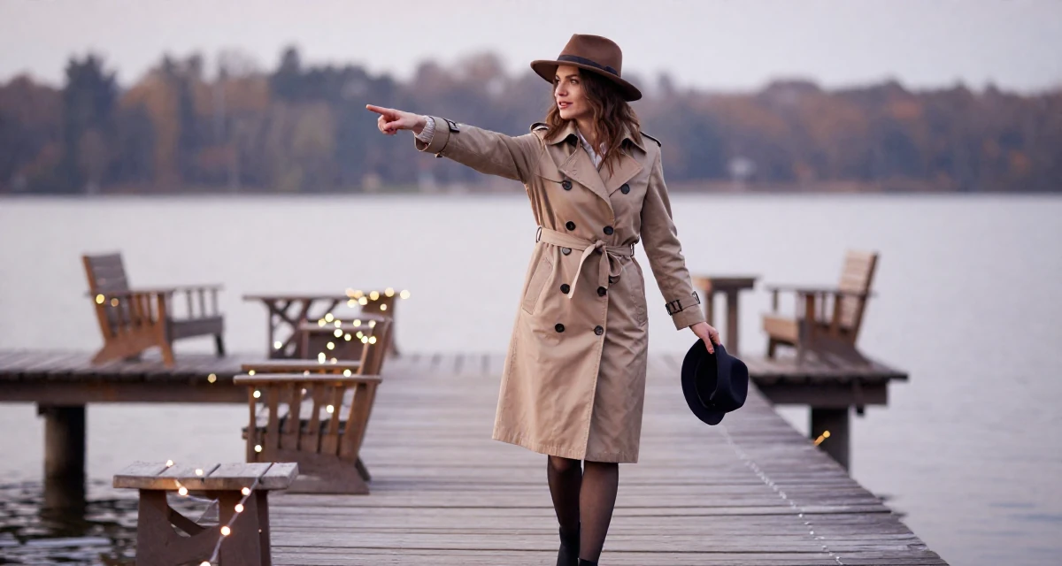 A charming Female From Ukraine, has a degree in interior design in their 24, walking briskly with purpose and focus, wearing a detective trench coat and fedora hat, holding a hat in a serene lakeside dock.