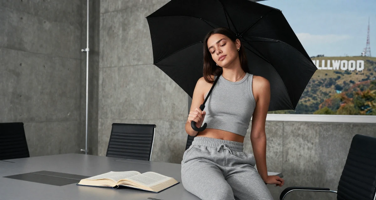 A unbothered Female From Germany, has a background in psychology in their 22, adjusting to the 9-to-5 routine after college, wearing a cropped tank top and low-waisted sweatpants, holding an umbrella in a conference room.