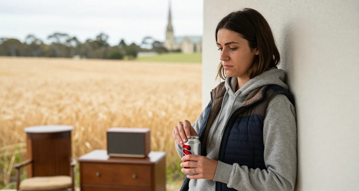 A stoic Female From Australia, has a diploma in business administration in their 25, learning boundaries the hard way from pushy fans, wearing a layered vest over hoodie, opening a soda can in a golden wheat field.