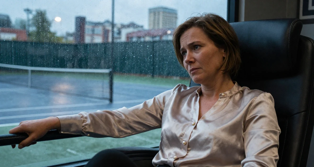 A stressed Female From Finland, studied applied linguistics in their 47, revitalizing a marriage after twenty years, wearing a satin blouse with pearl buttons, holding a railing in a tennis court.